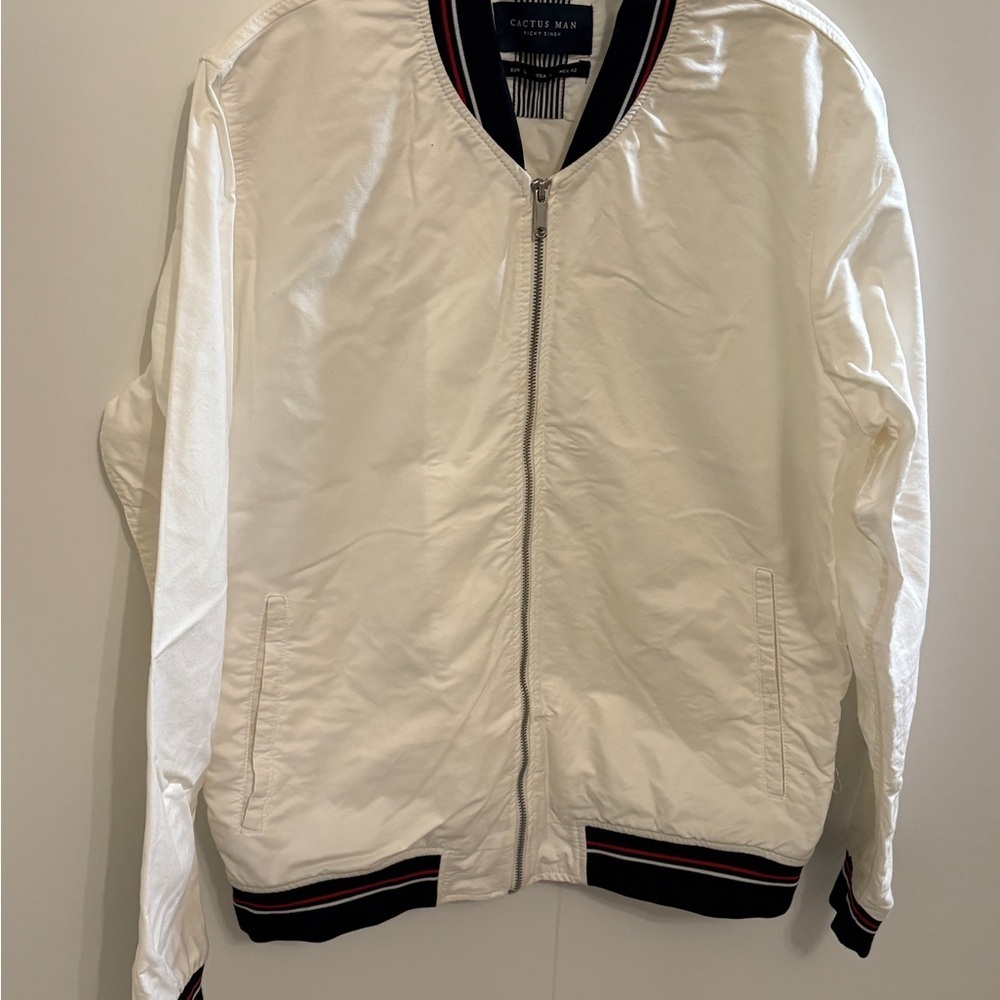 Cactus White Bomber Jacket with Navy Trim